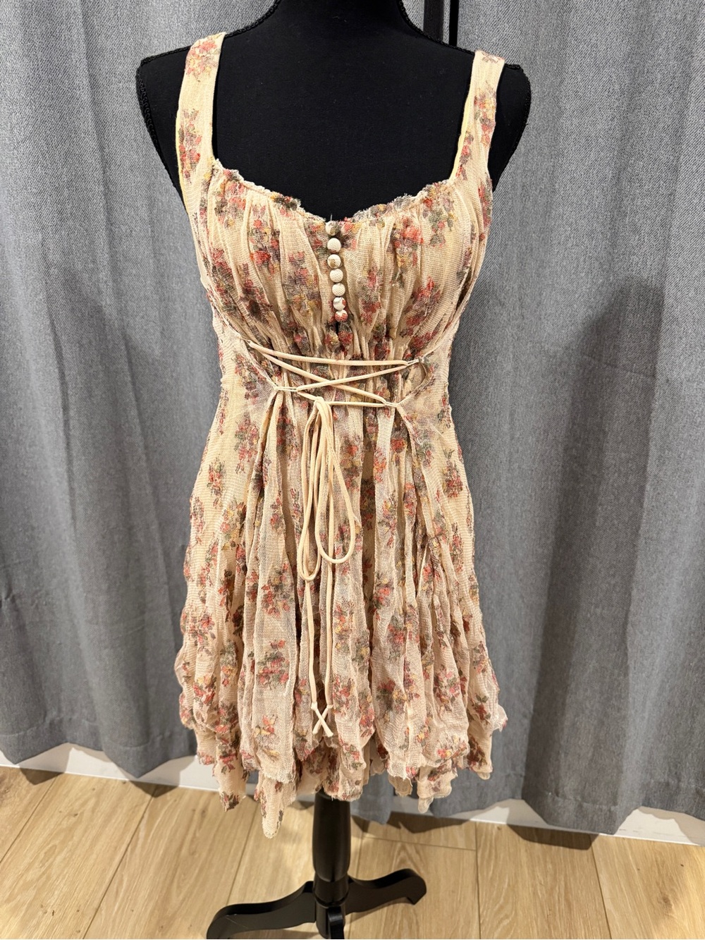 Free People - Beige Floral Lace-Up Sundress with Button Detail -Size M